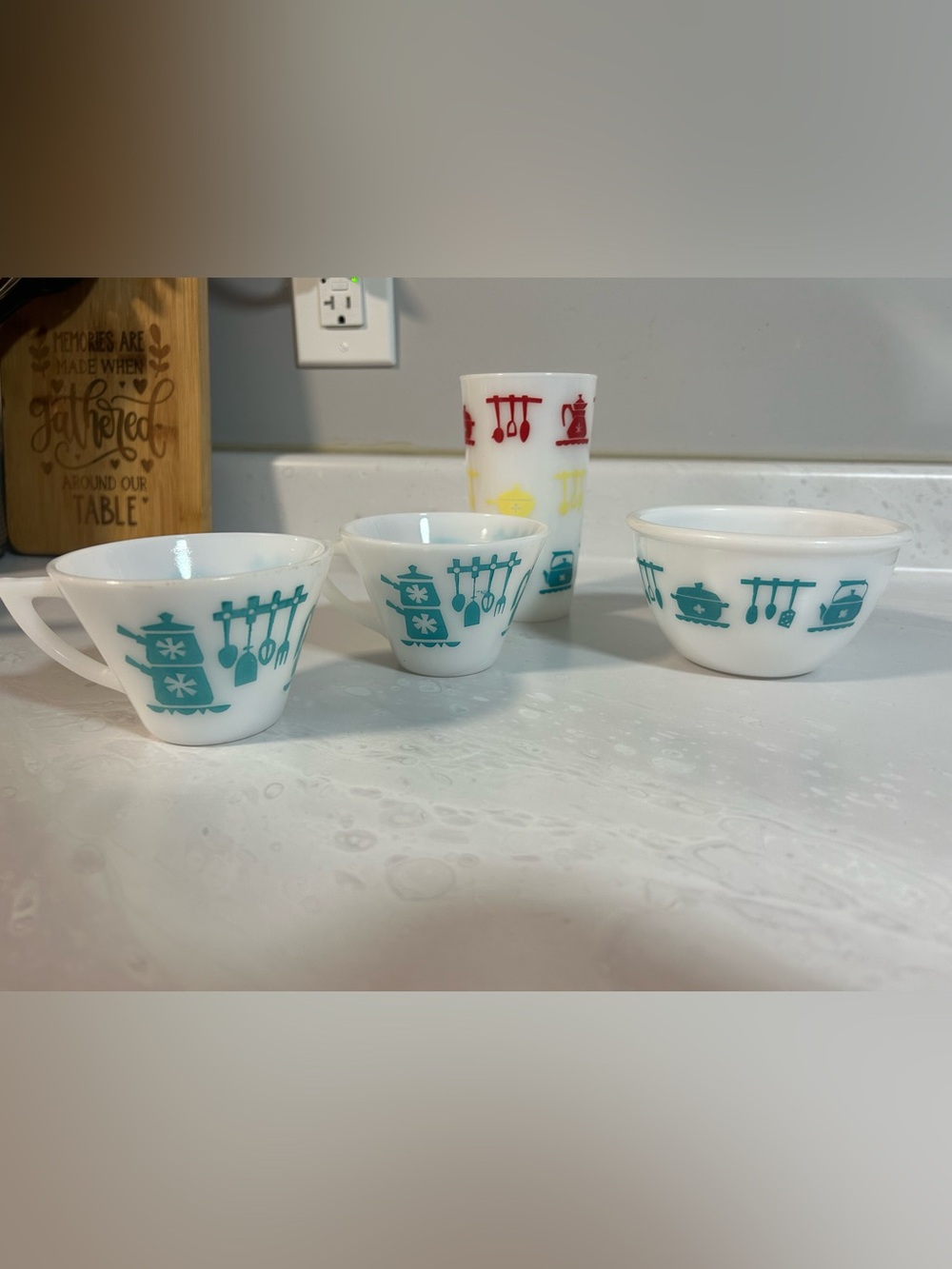 50s Vintage Hazel Atlas Milk Glass with Teal Kitchen Print